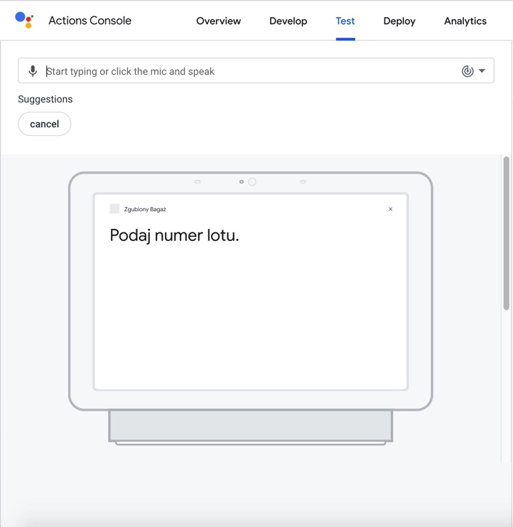 Screen z narzędzia Google (Actions Console) 